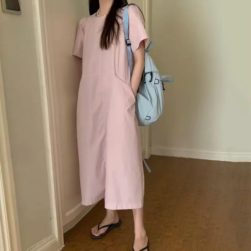 

Simple Versatile Commuter Round Neck Loose Short-sleeved Dress Women Fashion Daily French Casual Pink White Black Long Dress
