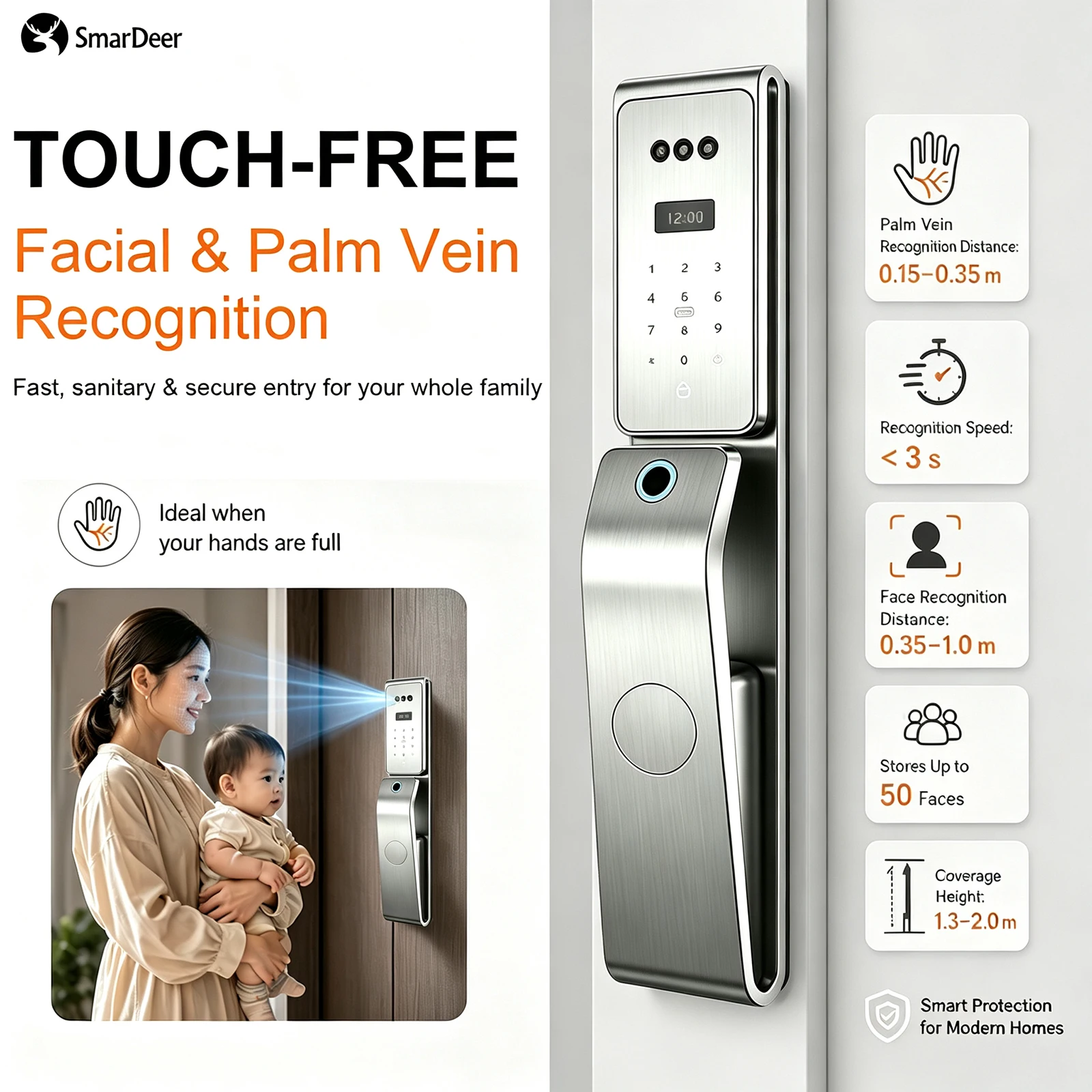 SmarDeer IP66 Outdoor Waterproof Smart Lock,3D Facial & Palm Vein Recognition Door Lock,Tuya WiFi Keyless Entry Security Lock - view 6