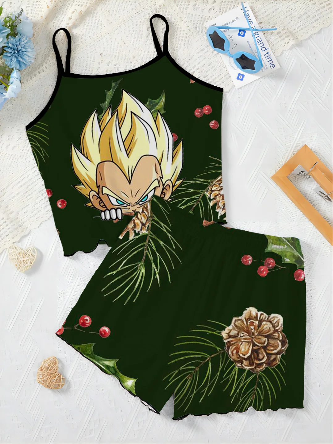 Elegant Women's Sets for Women 2 Pieces Home Dress Pajama Skirt Top Son Goku T-shirt Lettuce Trim Dragon Ball Short Two Set Suit