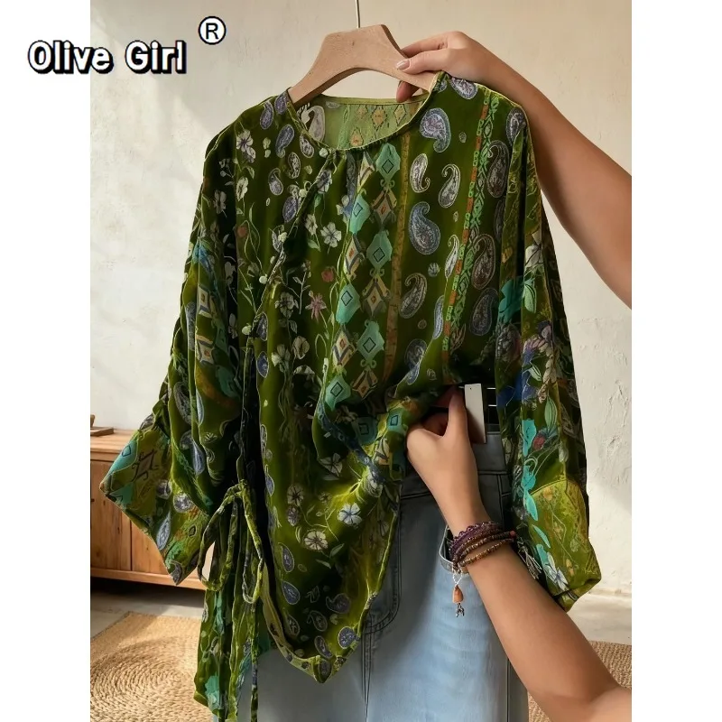 

Women's Green Shirt Blouse Casual Simple and Versatile 2026 Top Spring Autumn New Design and High-end Retro Printed Shirts