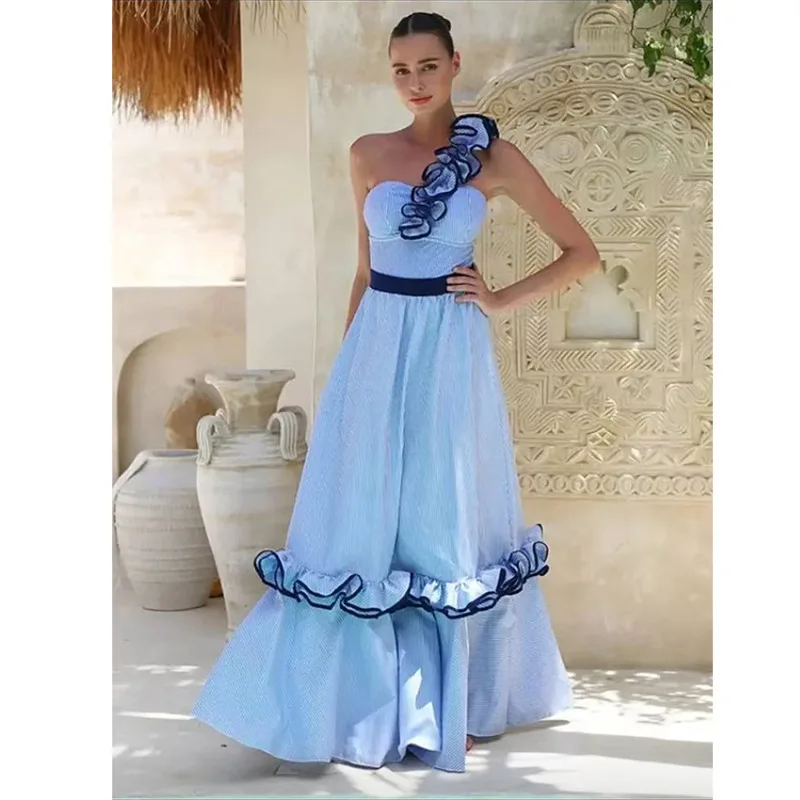 New one-shoulder floral one-piece swimsuit two-piece set with tight-fitting backless long cover-up skirt for women on vacation