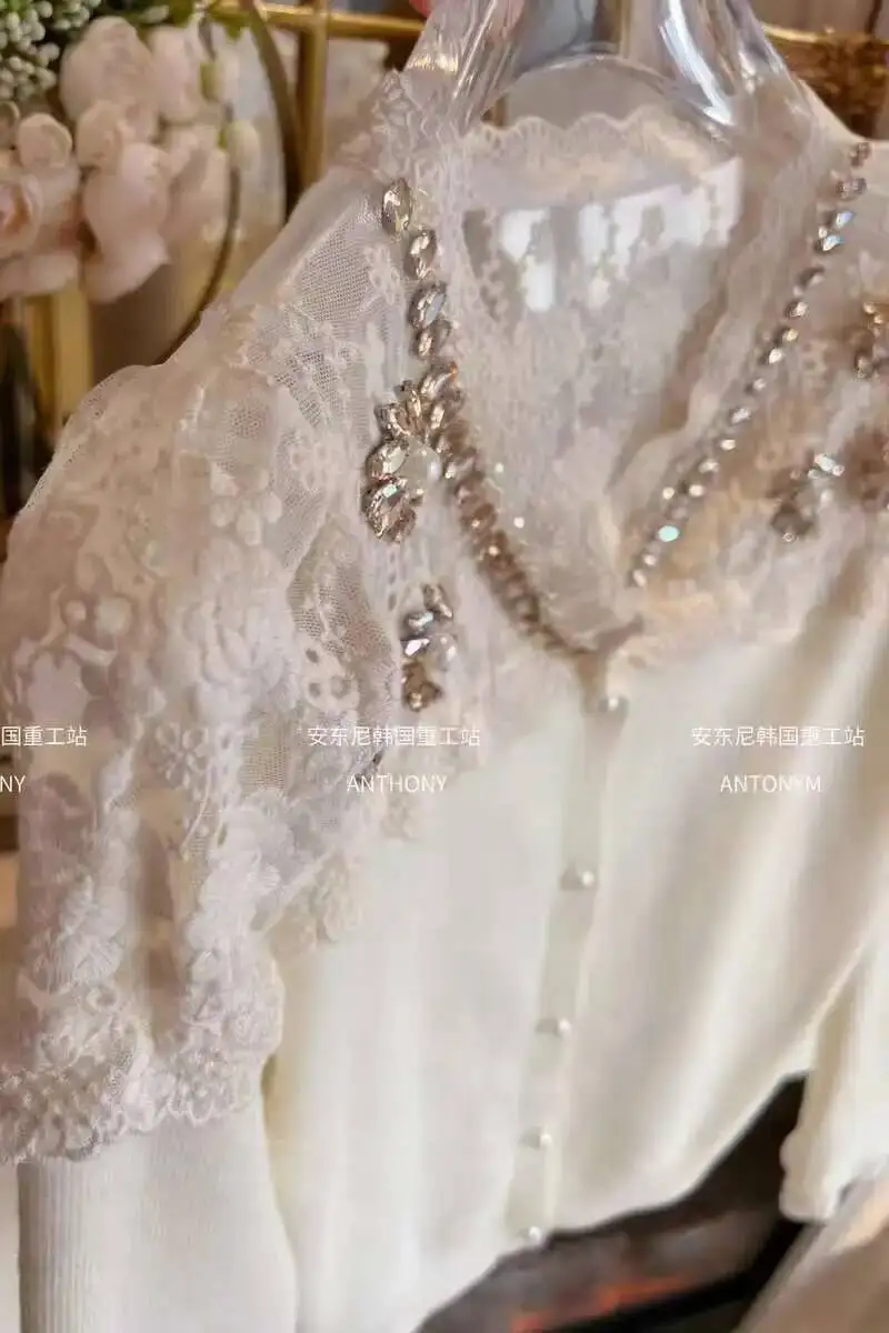 

New In Spring Autumn Lace Embroidery Patchwork Slim Fit For Women S Long Sleeve Single Breasted Sweater Woman Clothes