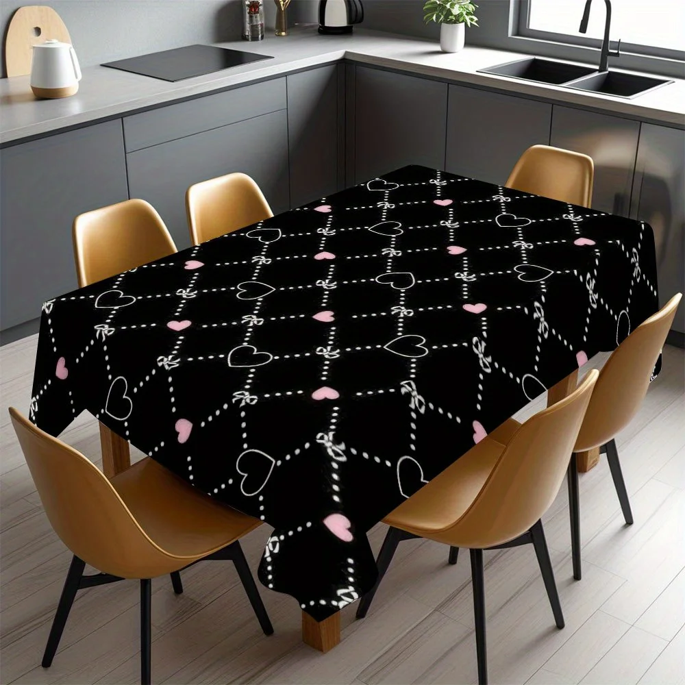 Grid Heart Bow Tablecloth, Black Base White Grid Pink Heart Bow Art Print, Anti-stain Table Cover for Dining Table & Family