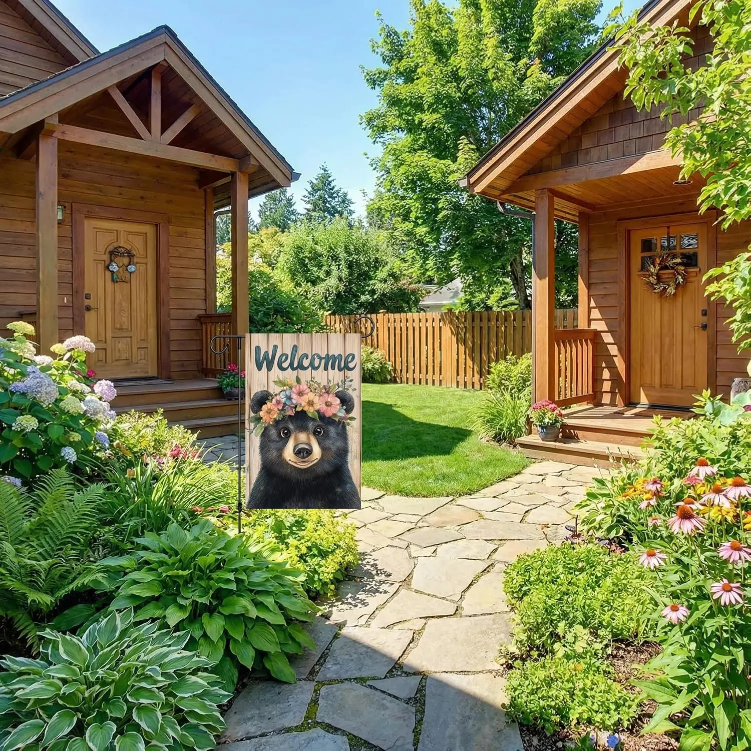 Black Bear wearing flowers on its head Garden Flag 12x18 Inch Double Sided, Small Burlap wooden boards Spring Summer Seasona MMZ