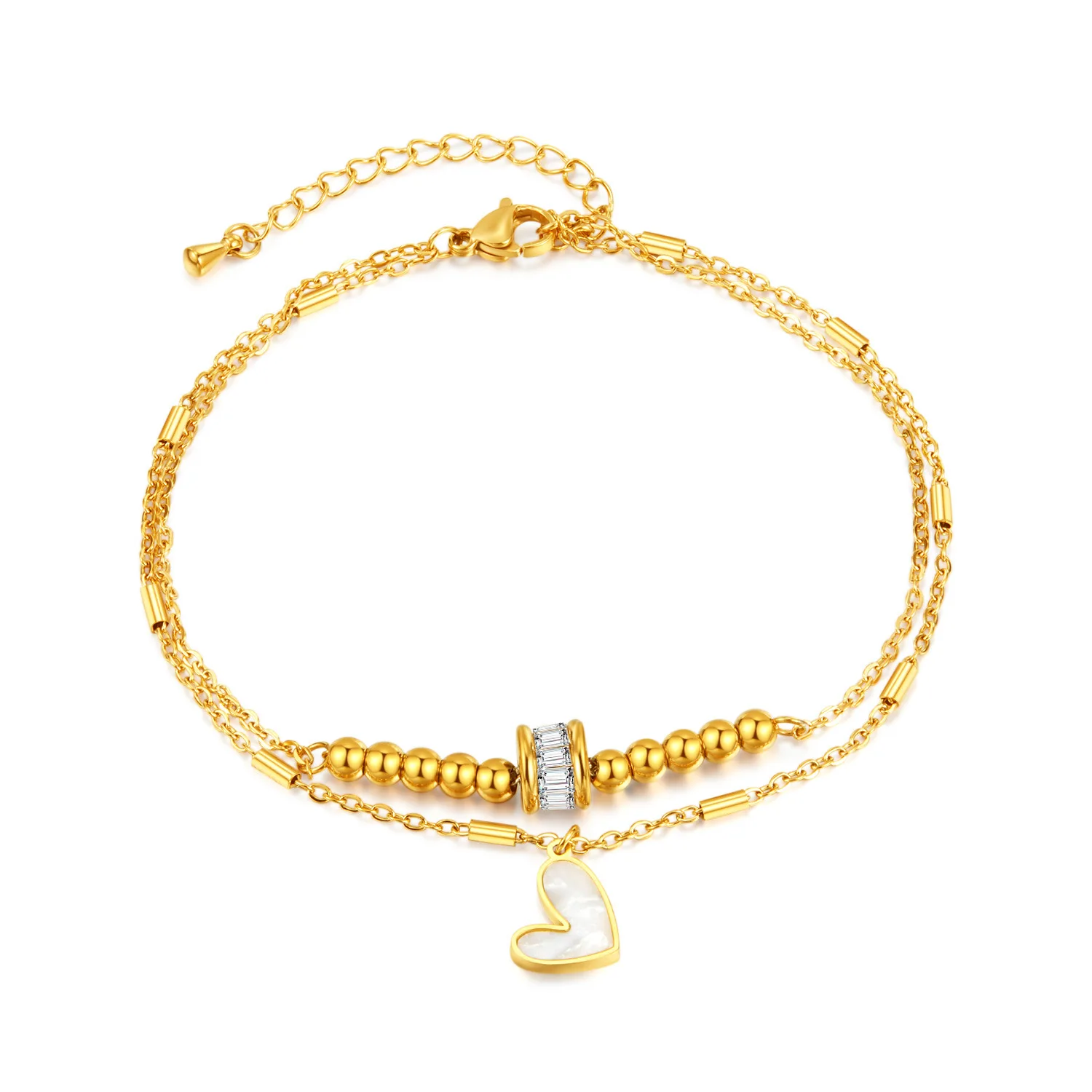 316L Stainless Steel New Fashion Jewelry 2-Layer Zircon Beaded Natural Shell Love Heart Charm Chain Anklet For Women Tobilleras