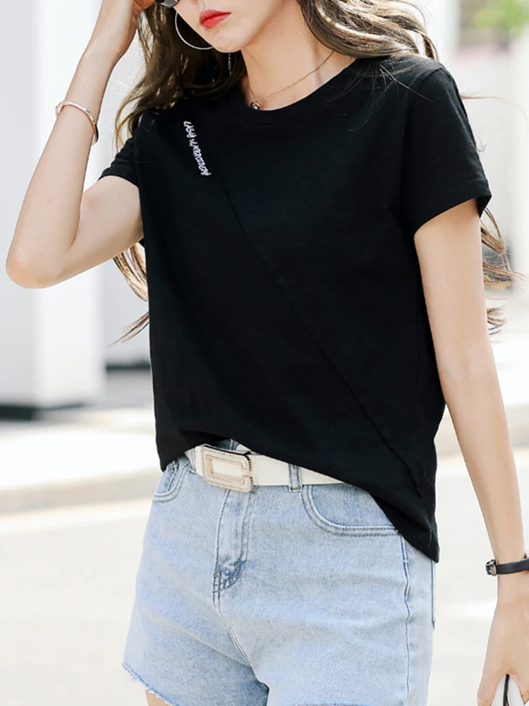 2026 Sommer T-Shirt Damen 100% Baumwolle Kurzarm-Shirts Tops O-Ausschnitt Shirt Tees Locker Sitzende Patchwork-Tops Lässig Hochwertig – Detail 11