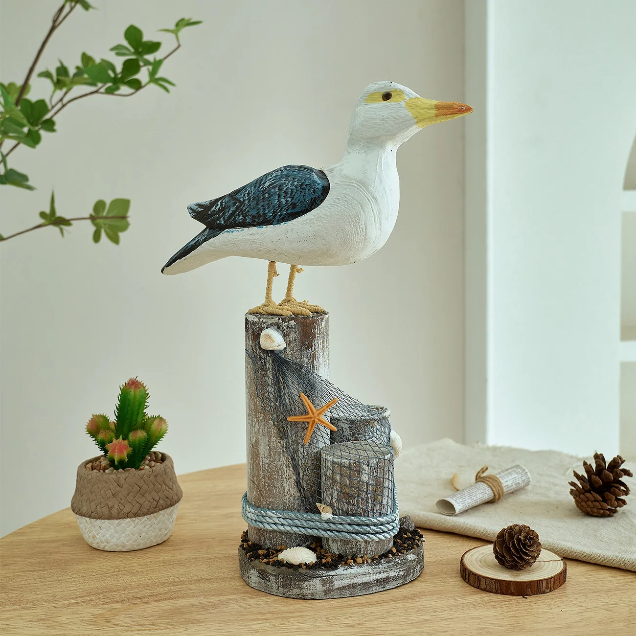 Mediterranean Cute Style Solid Wood Carved Crafts Stump Seabird Ornament Ocean Themed Window Home Decoration Desktop Ornaments