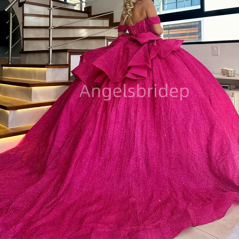 Angelsbride Rose Red Ball Gown Quinceanera Dresses Vestidos De 15. Quinceañera Glitter Tulle Sequined Princess Girl Party Dress