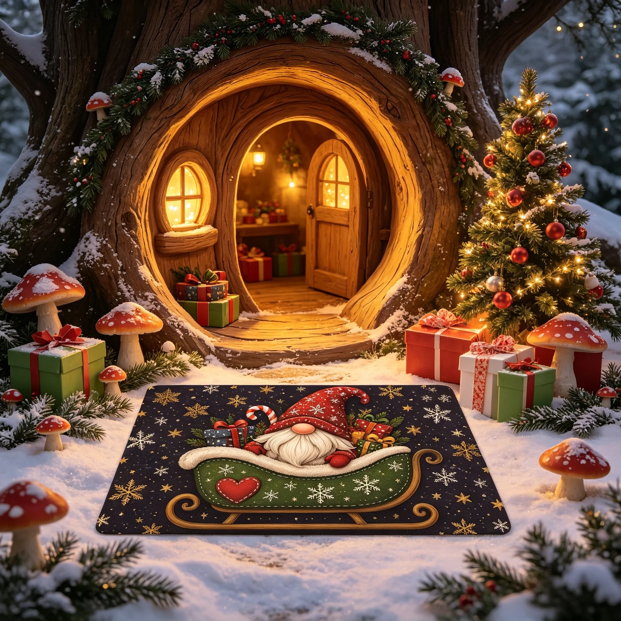 Gnome Tomte Sleigh Christmas Doormat Snowflake Gift Printed Welcome Floor Rug Winter Festival Mat for Porch Entry Decor