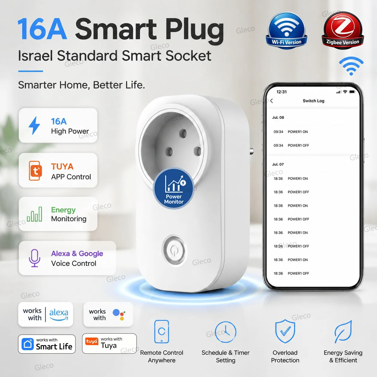 TUYA Smart Plug WIFI Or Zigbee Socket Israel 16A Power Monitor Outlet Timing Function Voice Control Work With Alexa Google Home
