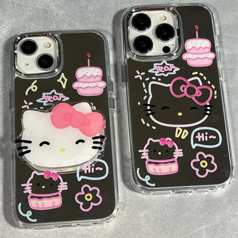 Cake HelloKitty Cat Stand For iPhone 15 14 13 12 11 Pro Max Mini XR XS 7 8 Plus Electroplated Mirrored Girl Cartoon Soft Shell