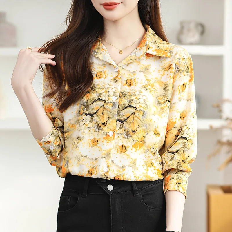 

Spring Summer Casual Loose Blouse Retro Yellow Flowers Leaves Print Long Sleeve Office Travel Lapel Shirt for Women Top Clothing