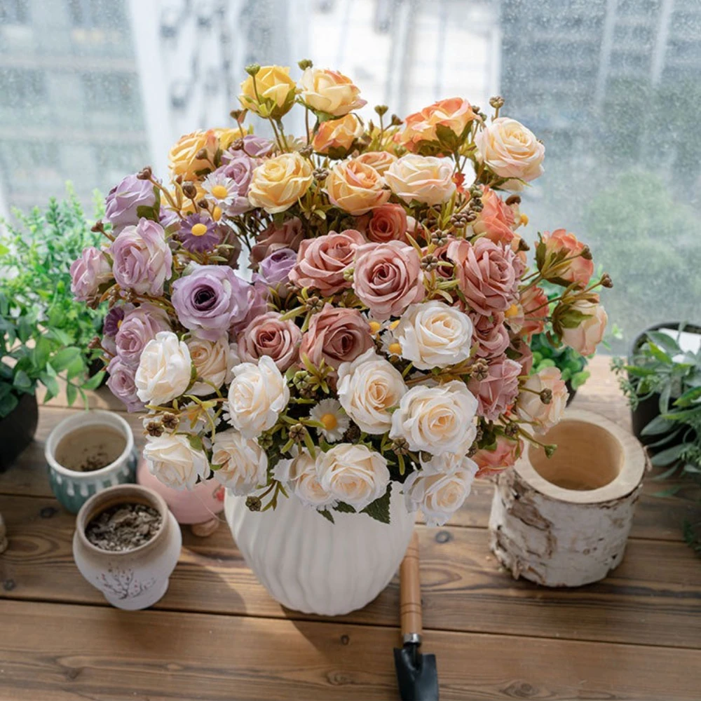

Artificial Silk Rose Flower Bouquet Vintage Fake Rose for Wedding Floral Arrangements Home Party Centerpiece Decoration