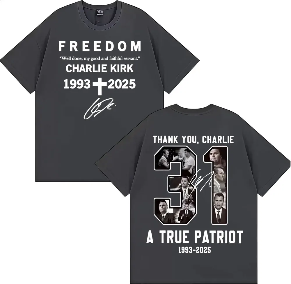 شكرا لك تشارلي كيرك تي شيرت الحرية الوطنية الحقيقية مزدوجة الوجهين طباعة تي شيرت الرجال النساء عادية القطن قصير الأكمام تي شيرت #3