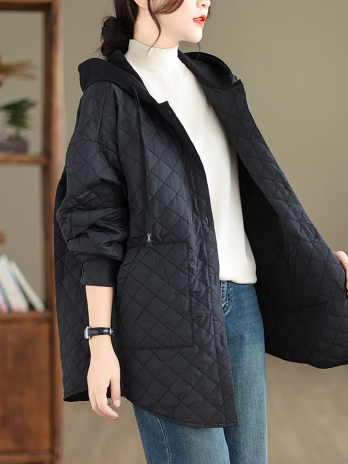 Large Size Women's Faionable Lightweight Hooded Casual Cotton Jaet Autumn Winter New Arrival Diamond Pattern Loose Fit Coat