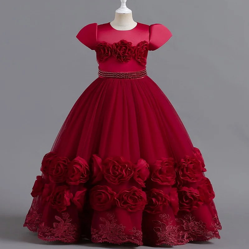 4-12t Mädchen bestickte Blume Poncho Kleid Bankett Host Performance Kleid Kinder Perle bestickt Prinzessin Kleid