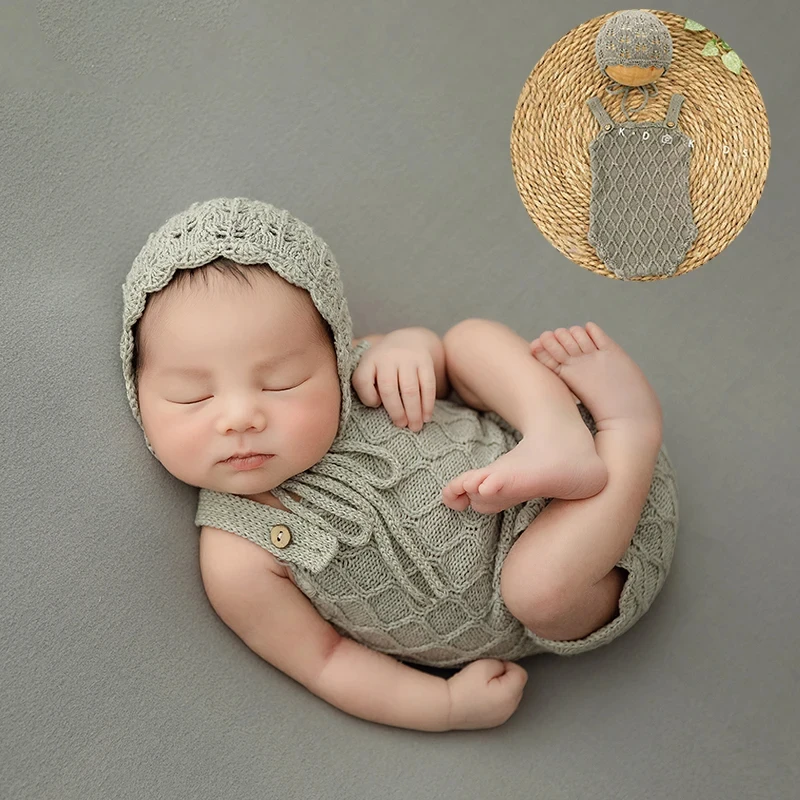 Roupas para fotografia de recém-nascidos, macacão macio de malha para foto de bebê, conjunto de chapéu para estúdio de bebê menina, chapéu de renda, acessórios de roupa