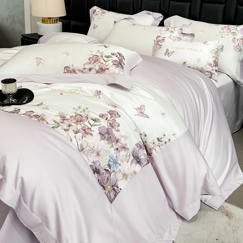 100% Egyptian Cotton Bedding Set Luxury Floral Butterfly Embroidery Duvet Cover Set Bed Sheet Pillowcases King Queen Size 4Pcs