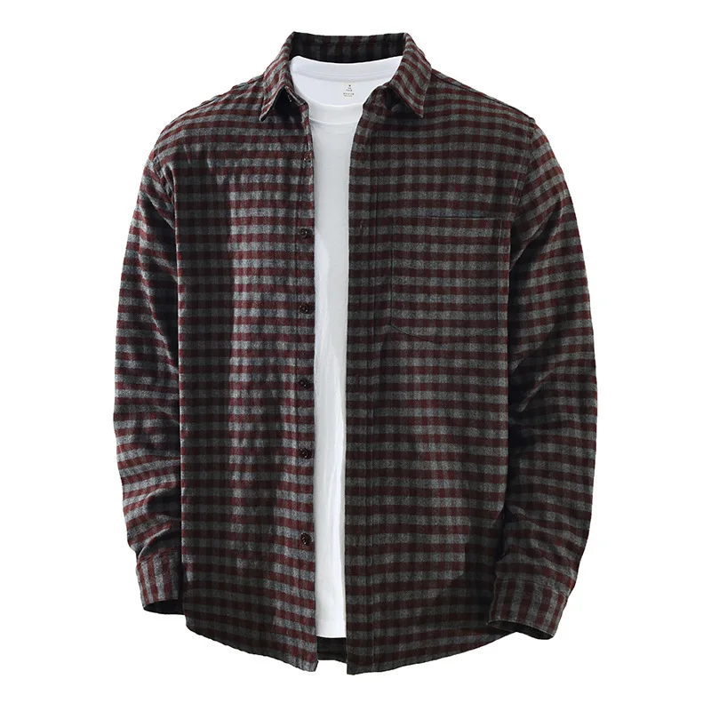 

Japanese Vintage Red Plaid Shirt Men Long Sleeve Fall Winter Mens Shirts Cotton Lapel Pocket Casual Button Up Shirt Jacket Daily