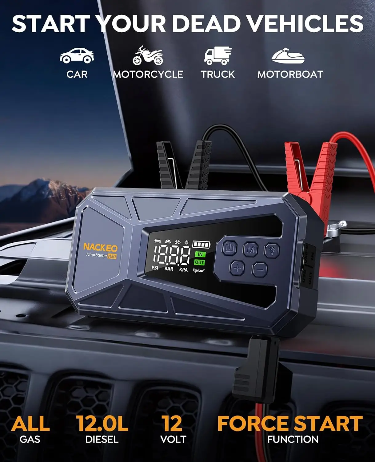 Car Battery Jump Starter with Air Compressor 8000A 160PSI, Jumper Portable (All Gas 12L Diesel), 12V Box Auto-Shutoff Tire