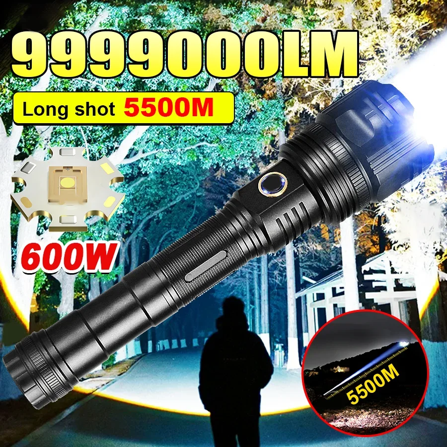 

New 600W LED Flashlight High Power Rechargeable Flashlight Strong Light Long Range 5500M Torch Outdoor Camping Fishing Work Lamp