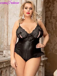 Comeondear Deep V Leotard Pajamas One Piece Teddy Lingerie Sexy Leather Bodysuits Plus Size Club Jumpsuit Zipper Tight Sleepwear