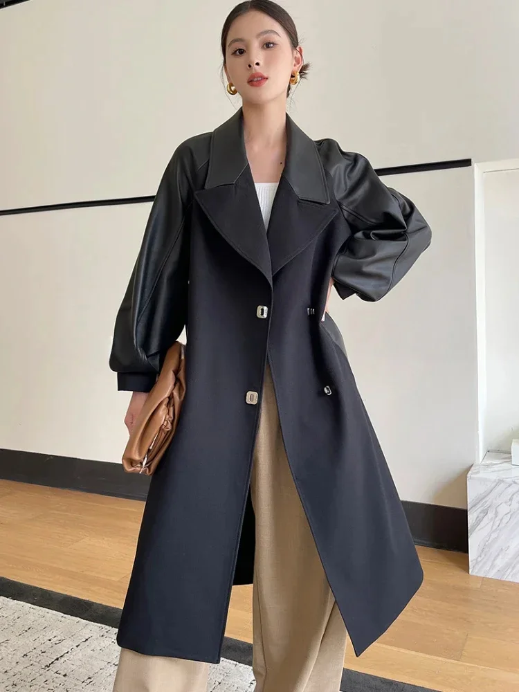 Sheepskin Patchwork Trench Coat for Women Autumn Winter 2024 Trend Notched Collar Elegant Long Genuine Leather Jacket with Belt