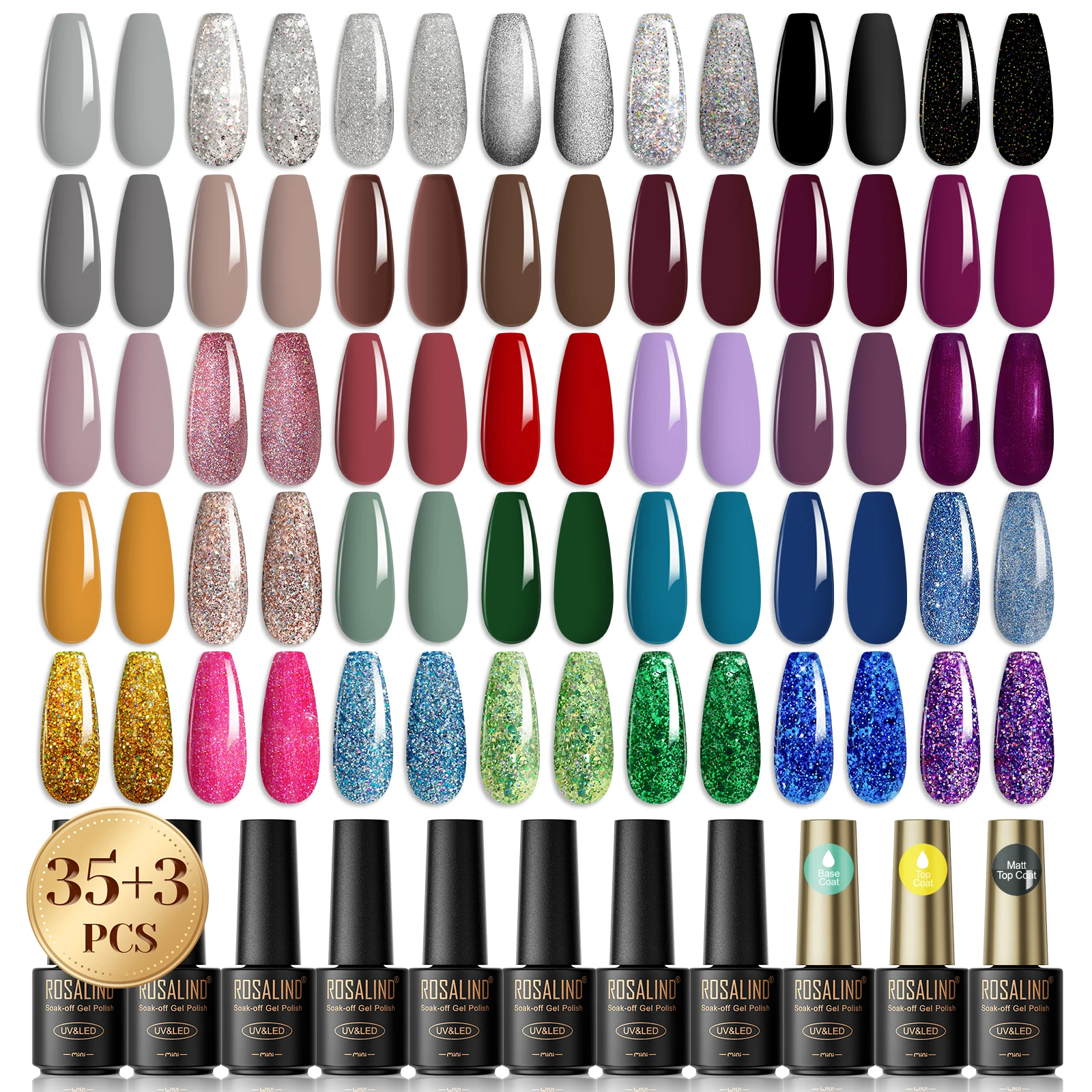 

Rosalind 38Pcs/Set Glass Bottle Glitter Gel Nail Polish Set Semi-Permanent Base Top Coat Hybrid Varnish Set Nail Supplies