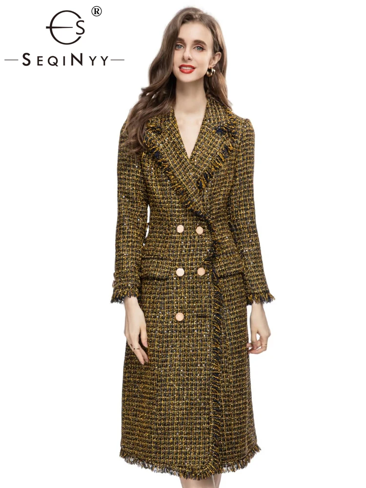 

SEQINYY Long Trench Coat Spring Autumn New Fashion Design Women Runway High Street Vintage Plaid Belt Thick Top Elegant