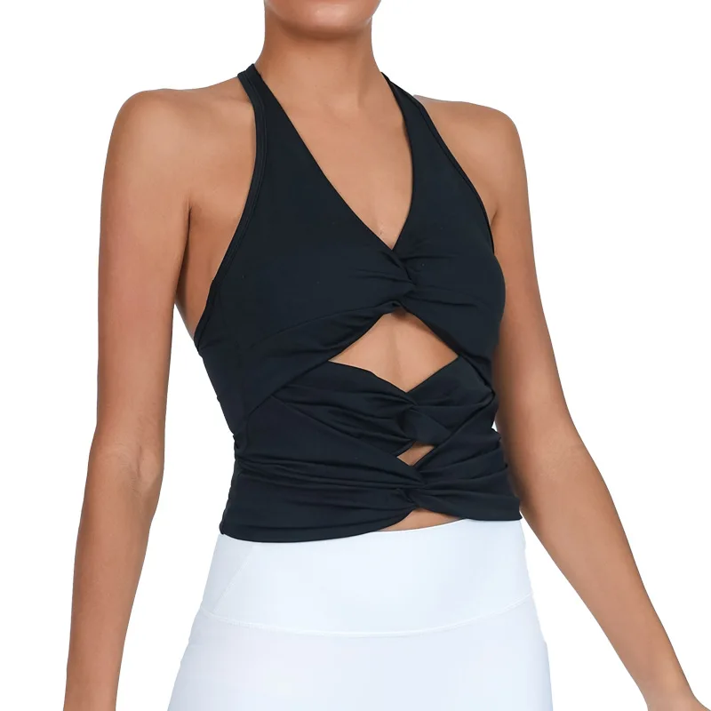 Verano Mujer Yoga Crop Bra deporte Push Up sólido básico camiseta chaleco con almohadilla en el pecho alta elástica Sexy ajuste sin mangas camiseta sin mangas Correa