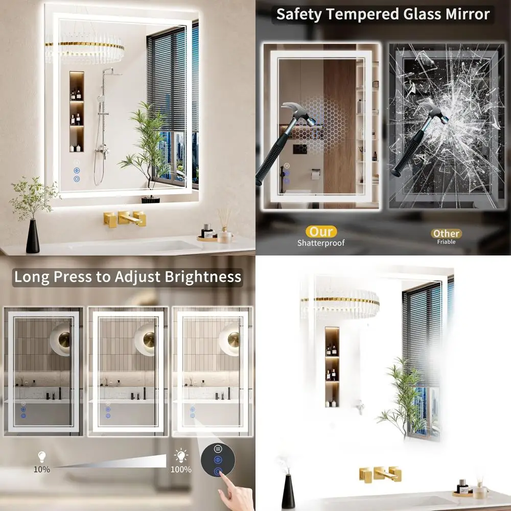 Espejo de baño regulable con iluminación LED de 30x36, antivaho, retroiluminado y iluminado frontal, espejo de tocador de vidrio templado con 3 opciones de color