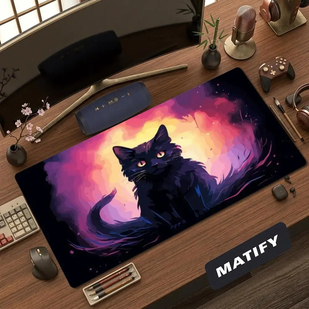 Mystic Black Cat Cosmic Nebula Large Gaming Mouse Pad XXL Deskmat Non‑Slip Rubber Laptop Keyboard Mousepads Big Game Mats Gamer