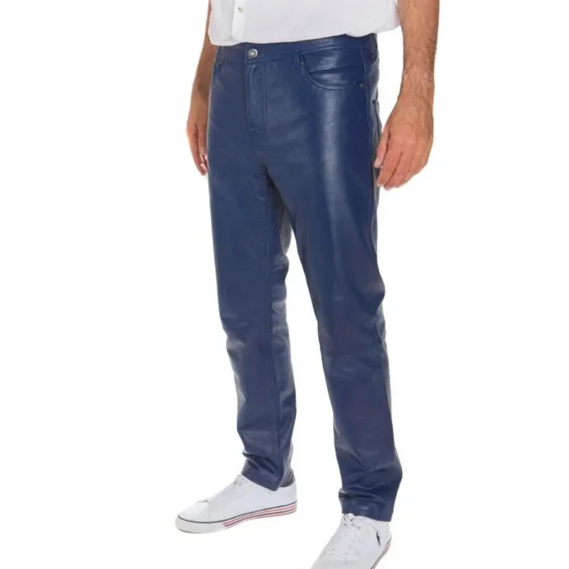 Mens Pant Leather Real Jeans Style Trousers Handmade Lambskin Blue Pant