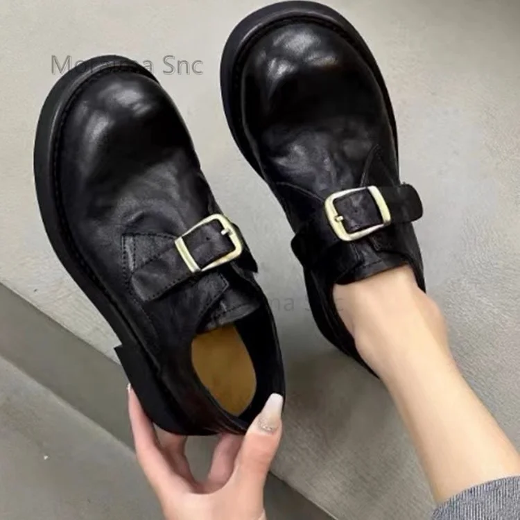 

Women Thick Soled Leather Shoes Spring Autumn Dress Loafers Single Shoes Retro Trend Casual Round Toe Slip On Women's Shoes