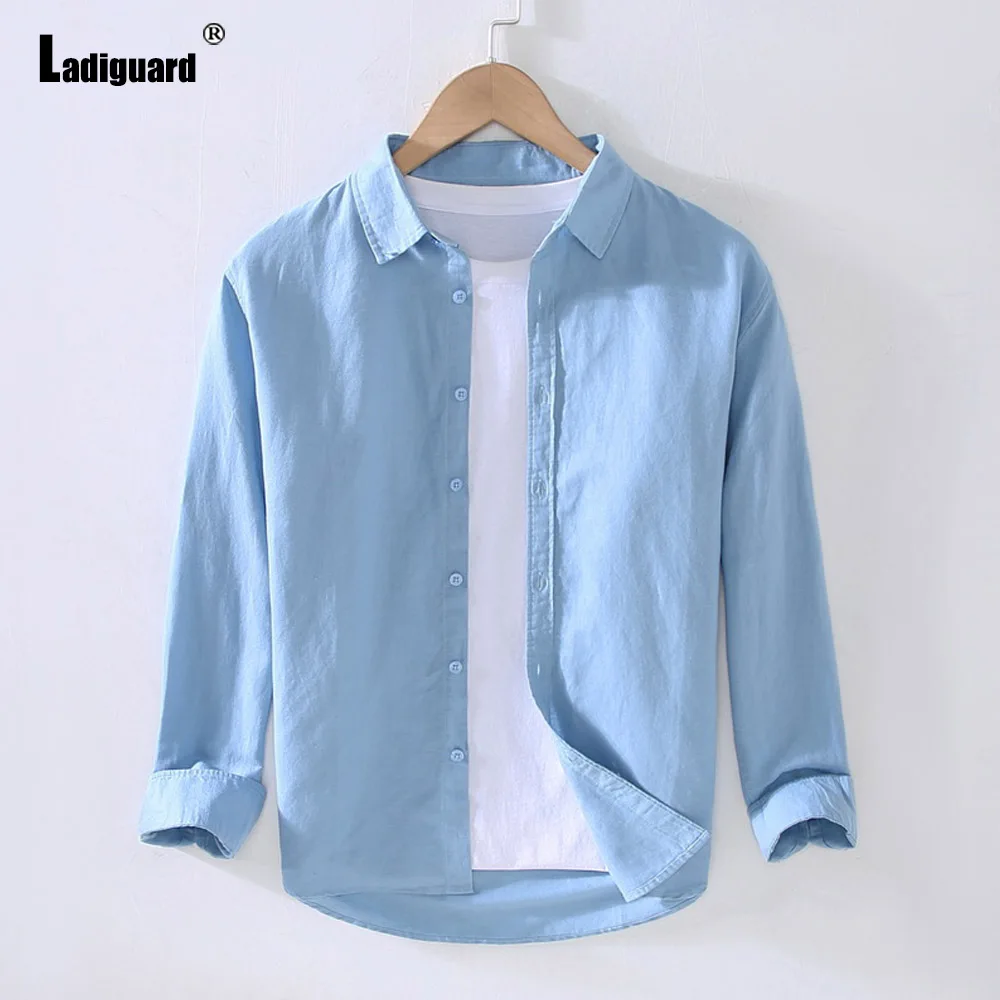 Camicia di lino a maniche lunghe da uomo abbigliamento 2022 harajuku Fashion Open Stitch top Solid Blue Khaki camicetta camicie Casual da uomo