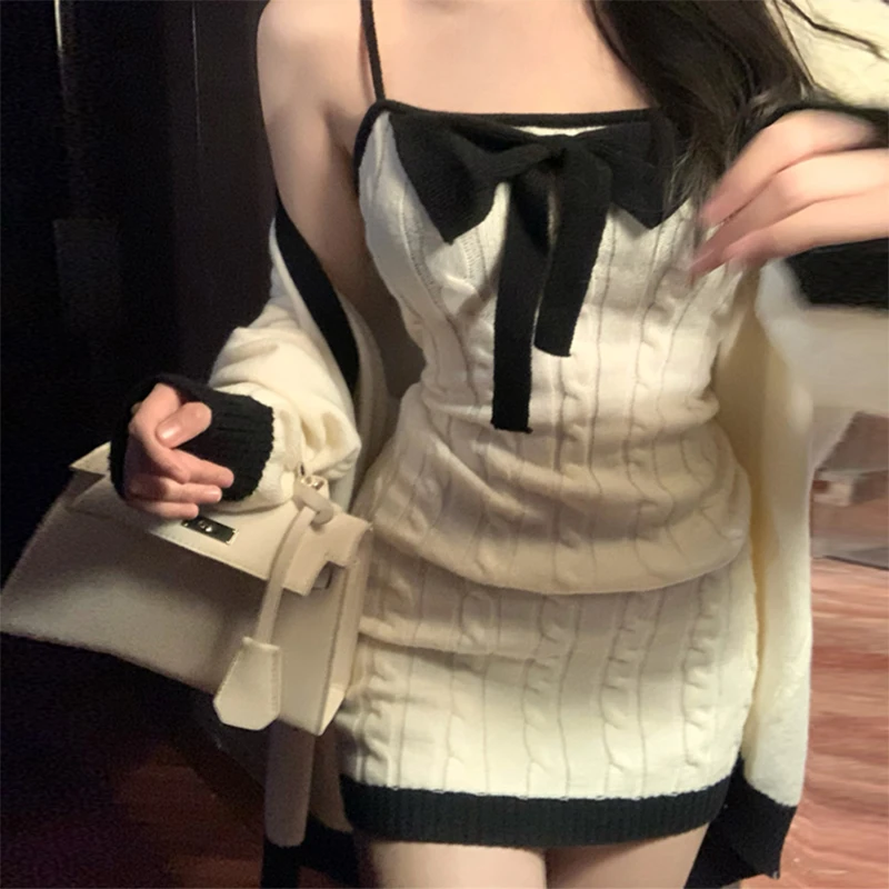 Women\'s Sweet Bow Design Knitted 2 Piece Set Dress, Long Sleeve Sweater, Korean Style, Sexy Club Party Dresses, Winter, New,2023