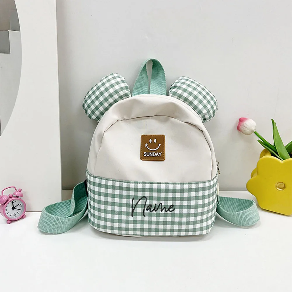 New Checkered Cartoon Children's Bag With Any Name, Customized Embroidered Kindergarten Cute Children's Gift Bag