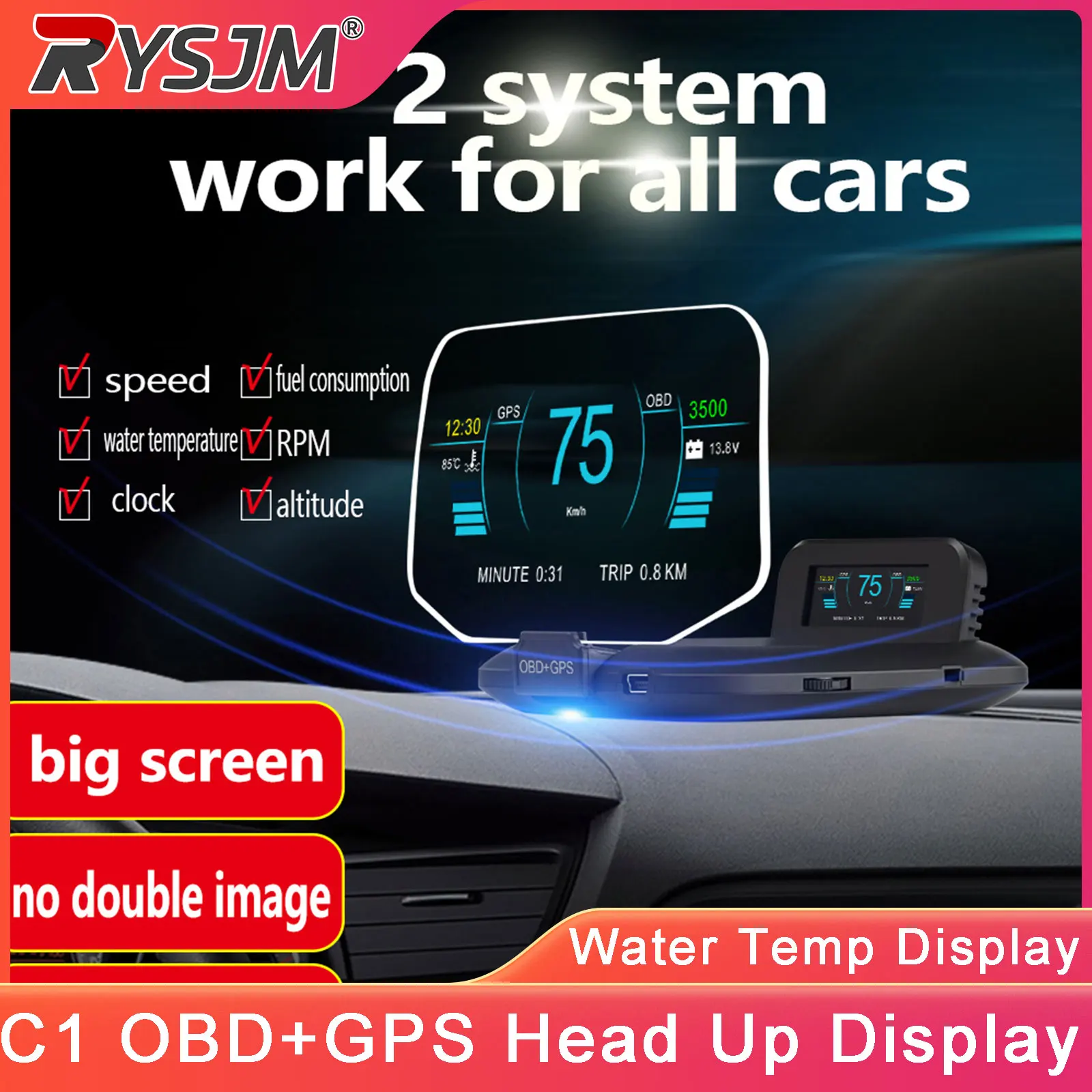 C1 OBD2 Big Screen HUD Car OBD+GPS Head Up Display Windshield Projector Digital Meter Water Temp Fuel Consumption Speed Display