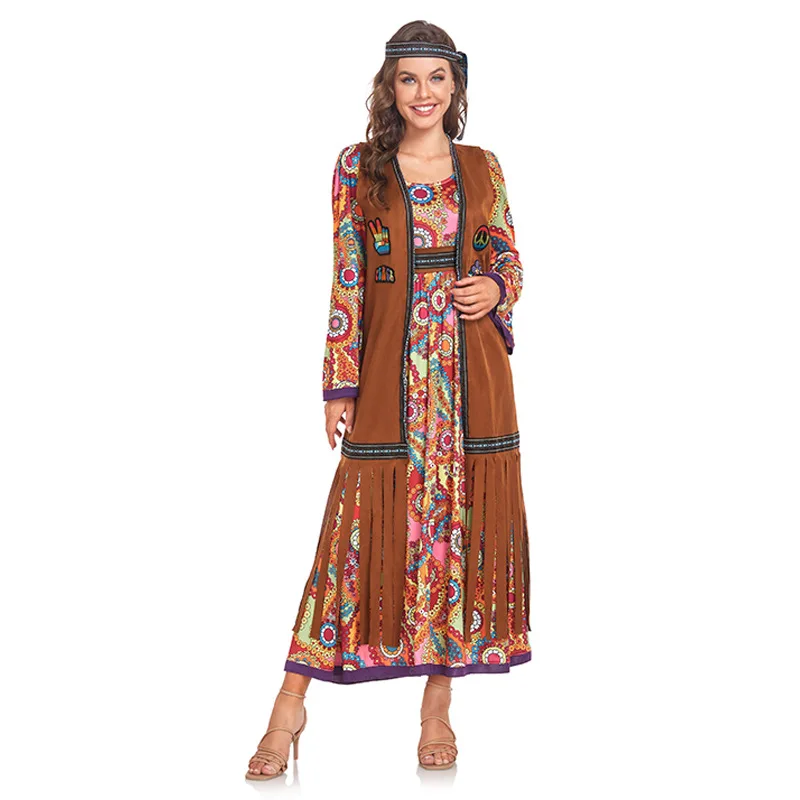 Halloween Boho Print Kleid Rollenspiel Kostüm 70er Jahre Disco Hippie Stamm Cosplay Bohemian Style Kostüm cos Hot Girl Kleid