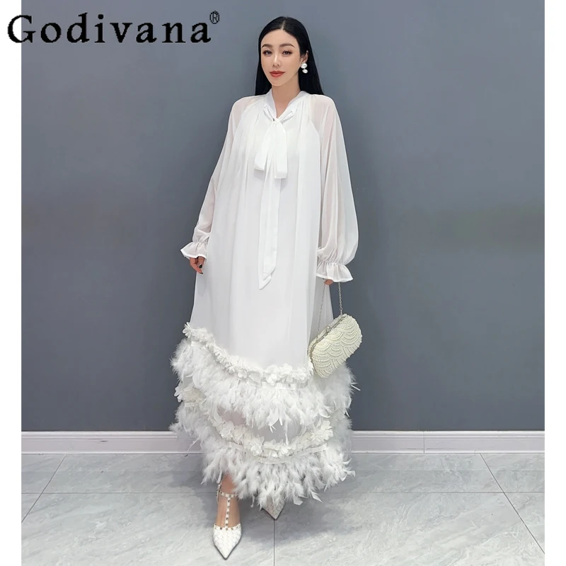 

Summer Heavy Industry Lace-up Chiffon Long Sleeve Big Swing Dress Gorgeous Feather Splicing Elegant Fashion Loose Party Dresses