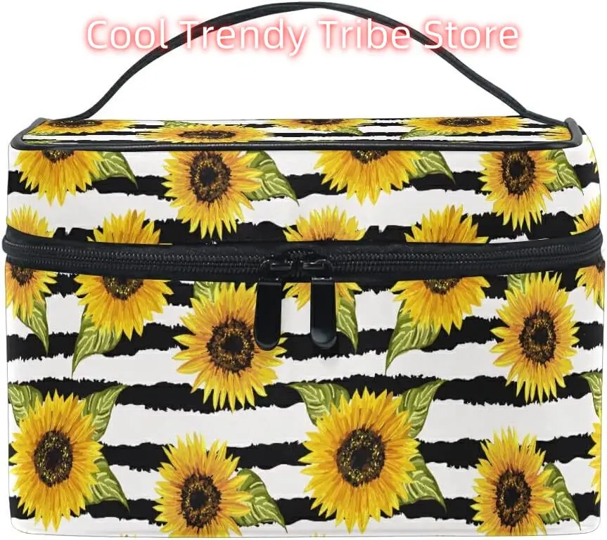 

Sunflower Makeup Bag, Sunflower On Stripes Makeup Organizer Bags Toiletry Bag Box Travel Cosmetic Bag Make Up Train Case for Wom