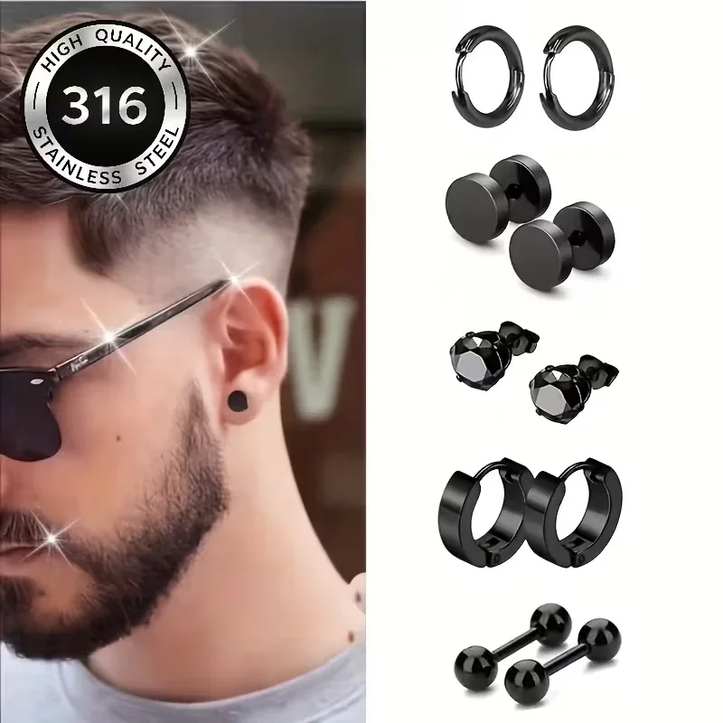 5 Pairs Wholesale Silver Men Piercing Earrings 316 Stainless Steel Hoop Barbell Crystal Stud Bulk Resale Pack