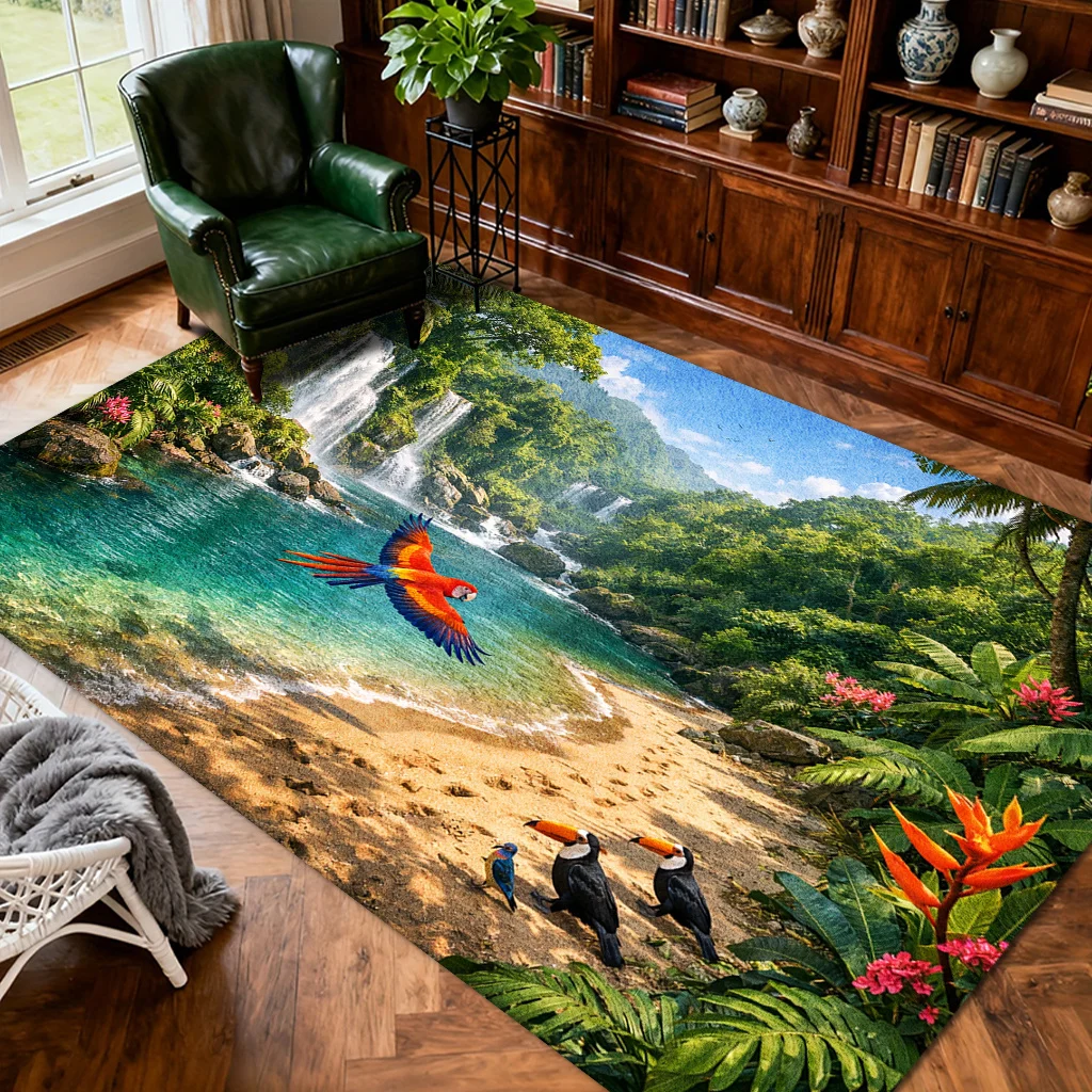 1pc Retro Pastoral Style Area Rug, Blue‑Green Forest Bird Landscape Print, Non‑Slip Backing,Machine Washable,Durable Floor Decor