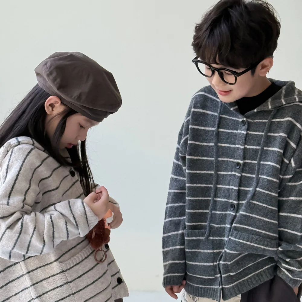 

2025 Autumn New Children Long Sleeve Sweater Coat Girls Hooded Knitted Cardigan Cotton Boys Casual Striped Knitwear Kids Clothes