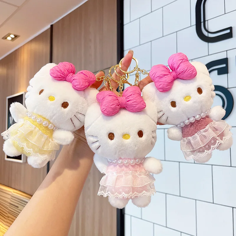 Kawaii Hello Kitty Big Bow Tie Plush Keychain Sanrio Cartoon Anime Pearl Necklace Plush Pendant Stuffed Toy Decoration Girl Gift