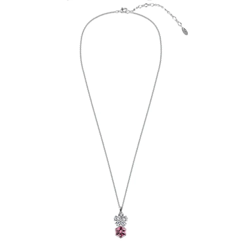 Daisini Real 925 Silver Pink Swarovski Crystals Exquisite Flower Candy Pendant Necklace for Women Fine Jewelry Dazzling Charm