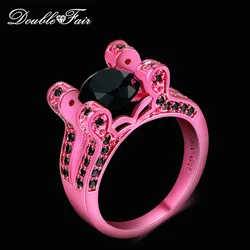 Double Fair New Special Round Shape Pink Gold Color Rings Sets Black Cubic Zirconia Fashion Party Jewelry For Women DD043