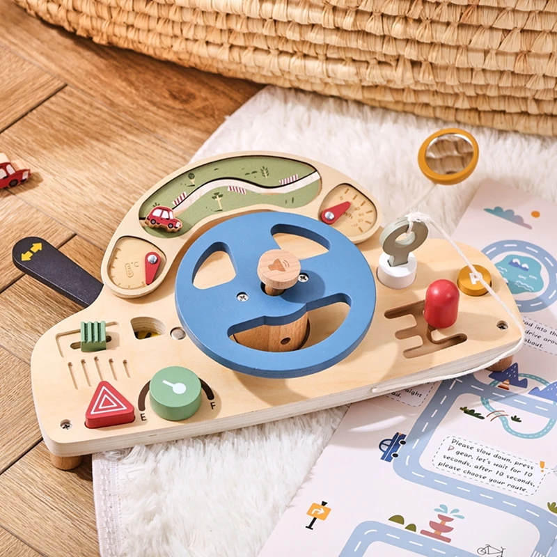 

Kid Wooden Montessori Toys Steering Wheel Busy Board Wooden Sensory Block Toy Toddlers Preschool Travel Learning Activities Gift