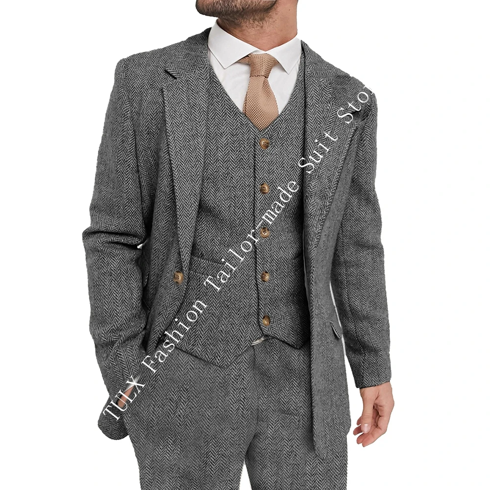 

Grey Male Suit Hight Quality Notched Lapel One Button Wool Tweed Business Formal Slim Fit 3 Piece Suit Set Costume Homme