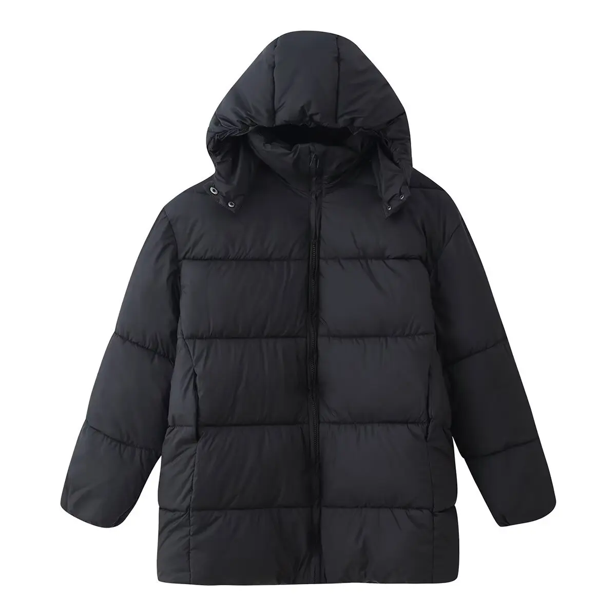 New Winter Fashion Women Black Zipper Up Bread Parka Coat Woman Stand Collar Removable Hooded Long Sleeve Midi Long Outerwear